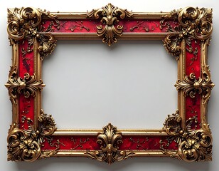 Ornate rectangle frame; red with gold accents, detailed floral carvings. Against a plain white background