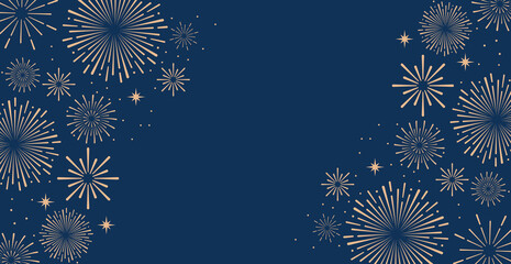 Elegant gold fireworks burst and sparkling stars on clean blue background, festive celebration illustration for New Year, holiday party, greeting card, luxury event design, minimalist style vector. © bibin