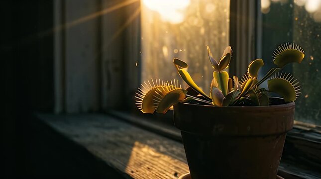 A potted venus fly trap plant on a windowsill with sunlight casting shadows