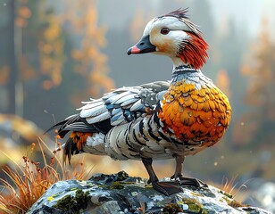 Ornate, colorful duck stands on a mossy rock with a blurred autumn forest backdrop
