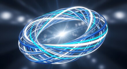3D render of blue and white glowing circular lines swirling around a bright light source, representing energy, speed, and digital innovation.