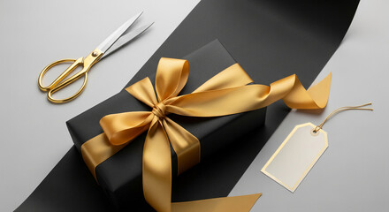 Black gift wrapped with gold ribbon, paired with scissor and tag, creating an elegant scene, suitable for festive season, gifting, or luxury themes