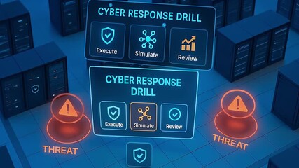 Cyber response drill execute simulate review threat warning data center digital interface network security concept with options displayed screens surrounded by server racks for cybersecurity defense - Powered by Adobe