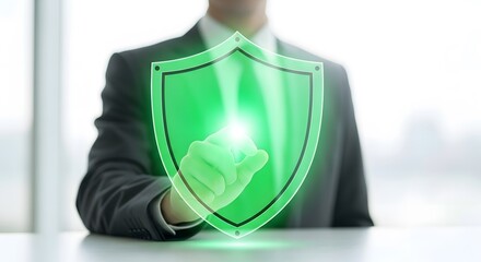 A businessman in a suit pointing at a glowing green digital shield icon, representing data protection, privacy, and secure network solutions.