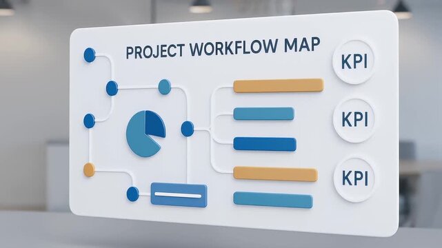Project workflow map with colorful charts KPI indicators illustrating business process performance metrics office environment data visualization elements progress efficiency analysis