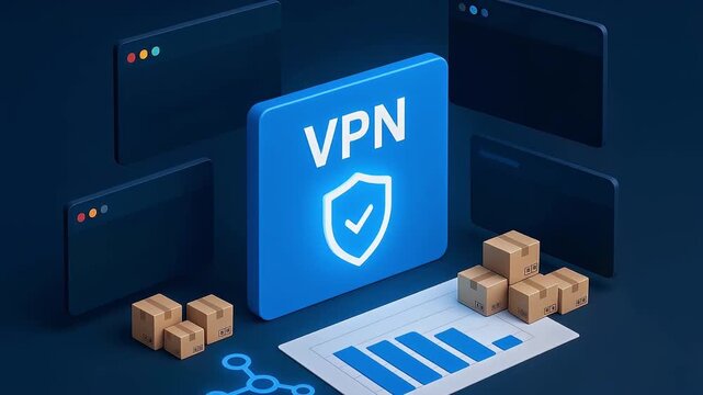 Virtual private network vpn shield security data protection network digital chart cardboard box secure online connection surrounded by digital charts cardboard boxes logistics blue dark background