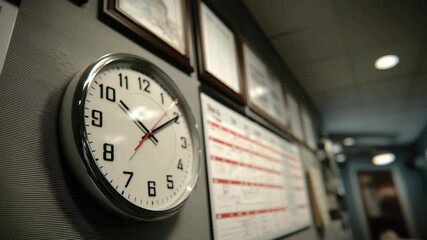 Showing a Classic Wall Clock Ticking in Office Hallway with Schedules and Framed Documents in Background