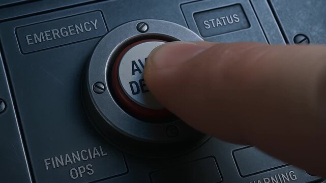 Emergency button financial operations avoid default warning finger pressing metal panel urgent risk management control panel symbolizing urgent financial decision and risk management tense business