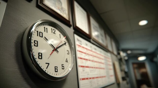 Showing a Classic Wall Clock Ticking in Office Hallway with Schedules and Framed Documents in Background