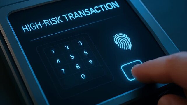 High risk transaction screen featuring fingerprint authentication and numeric keypad, finger scanning and pressing confirmation button for secure access in digital security environment