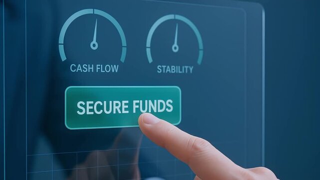 Secure funds button on digital screen with cash flow and stability indicators, finger pressing for financial security, investment control, and positive financial management concepts