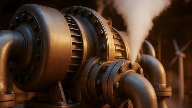 Steam pipe valve releasing vapor in industrial factory with turbine windmill background warm lighting metal machinery showcasing energy production mechanical engineering innovation