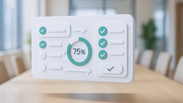 3D progress chart with 75 percent completion and checklist icons floating above wooden table modern office symbolizing productivity task management and effective office task completion chart checklist