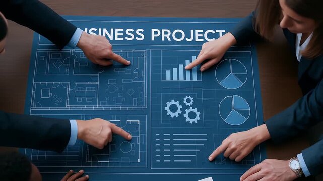 Business project blueprint featuring charts, floor plans, and gears discussed by professionals highlighting teamwork, strategy, and planning for successful collaboration and project execution