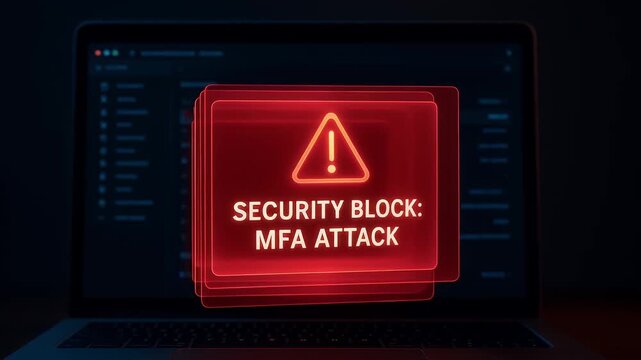 Security block warning laptop screen with MFA attack alert, red glowing cybersecurity threat sign, digital security data protection, multifactor authentication alert, online safety technology threat
