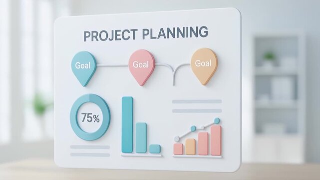 Project planning goal progress chart business strategy success infographic with 75 percent completion colorful elements bright office setting performance tracking workflow organization