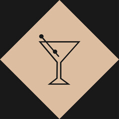Minimalist line art martini glass with olives on a tan diamond. Perfect for retro bar decor, kitchen linens, retro-inspired apparel, or festive party Vector