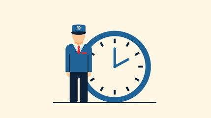Man in uniform standing next to a large clock, symbolizing time management and punctuality