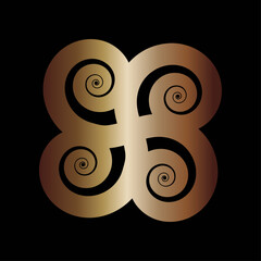 Symmetrical golden quadruple spiral logo on black. Elegant geometric vector icon for luxury branding, mystic symbols, premium graphic design, and metadata usage.