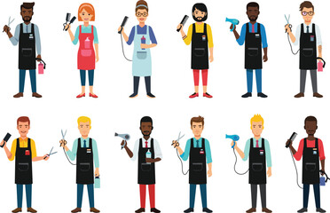Cartoon hairstylists with various tools people hairdresser barber