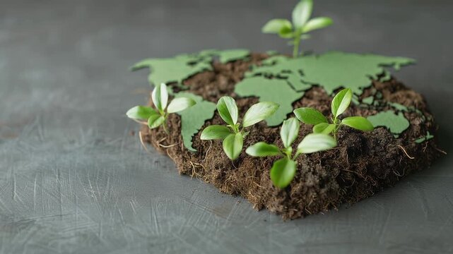 Green plant sprout and seedlings growing from soil shaped like world map symbolizing environmental growth, global sustainability, nature, green environment, and sustainable growth efforts