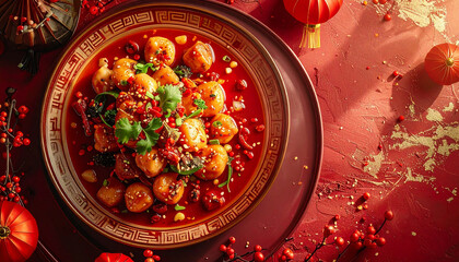 Culinary Delight: An overhead shot showcases a bowl of tantalizing dish with a vibrant red hue and fresh ingredients.