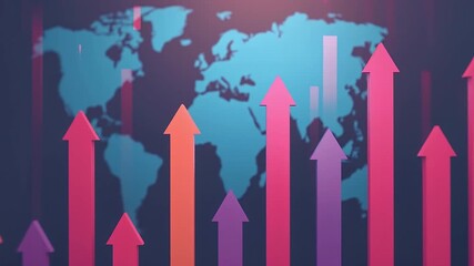 Colorful upward arrows and growth chart symbolize global business progress with finance trends on world map, creating dynamic success and optimistic upward movement in business environment - Powered by Adobe