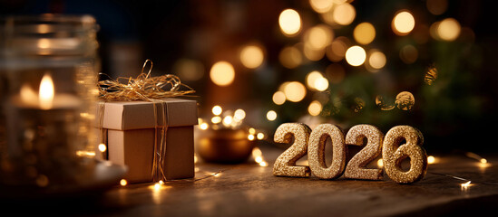 Happy new year 2026 lettering cutout display heavily defocused background festive celebration styling annual milestone visualization with copy space