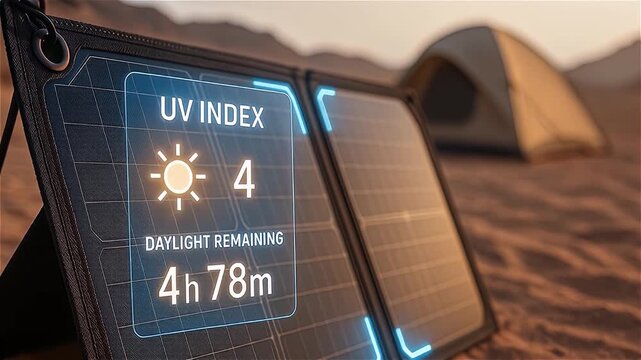 UV index 4 and 5 with daylight remaining 4 hours 58 minutes displayed on portable solar panel charger in desert camping scene with tent, showcasing outdoor adventure and portable energy