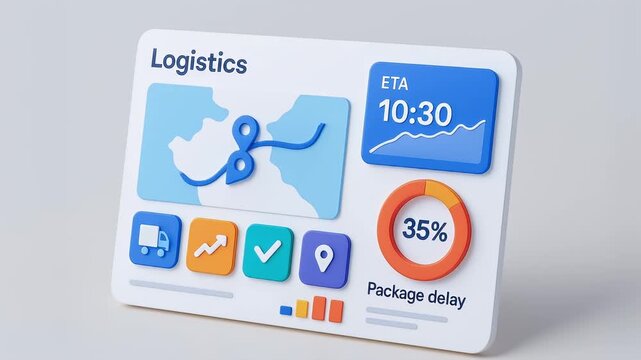 Logistics dashboard featuring map route, estimated time of arrival, package delay percentage, and delivery icons showing transportation and tracking status in clean minimal interface design