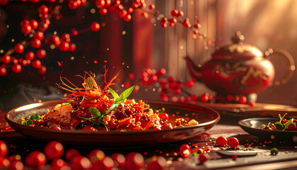 Festive Feast: A tantalizing culinary creation is presented on a plate, surrounded by seasonal decor, and complemented by a decorative teapot, capturing a moment of gourmet delight and celebration.