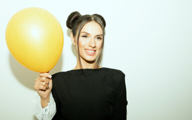Happy woman with balloons. People. Happy day. Funny face woman. Life. Beauty. Love. 