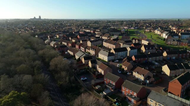 Aerial birds eye view of residential suburbs and housing estates in Ely United Kingdom