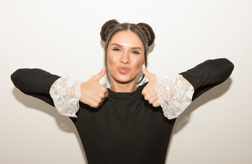 Nice cute charming lovely attractive cheerful adorable brunette caucasian girl 