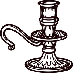 Vintage engraved candlestick holder with ornate handle isolated on white background illustration