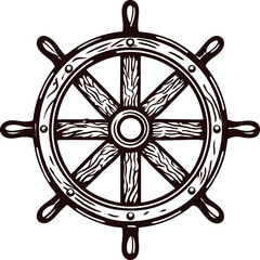 Vintage wooden ship wheel illustration with engraved texture and nautical marine design isolated on white background