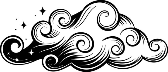 Elegant hand drawn swirling cloud with stars, decorative vintage engraving black and white illustration