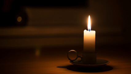 Warm candlelight in dark room with tea cup