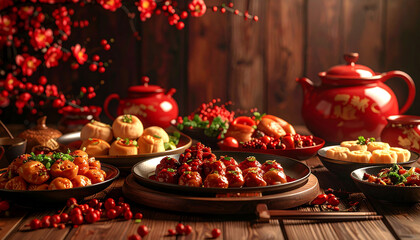 Festive Feast: A vibrant display of culinary delights, adorned with traditional decorations, showcasing a feast of flavors and textures, ready to enjoy.