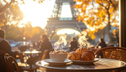 Steaming Coffee Cup and Croissants on Table Near Eiffel Tower in Paris France During Autumn Season