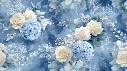 White roses and blue hydrangeas on a blue background with snowflakes flowers