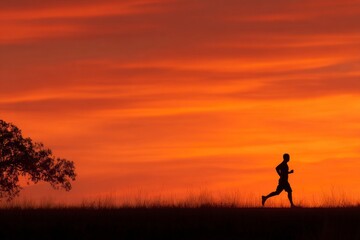 Silhouette of a man exercising against a vibrant sky, promoting fitness and well-being