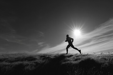Runner's silhouette jogging across a grassy hill at sunset in black and white