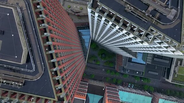Close up of Skyscrapers in the Hague, Top view. Business center of The Hague, Netherlands. Aerial Drone View.