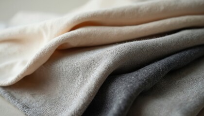 Fototapeta premium Stacked neutral toned linen fabric swatches show texture and weave. Samples in beige light grey dark grey show material versatility for home decor sewing fashion.