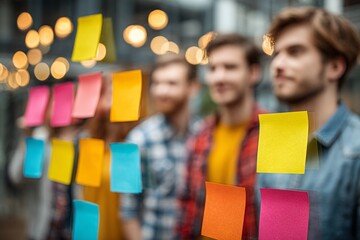 Business professionals collaborating on new project ideas with colorful sticky notes