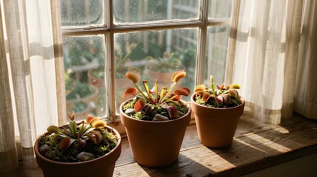Three potted venus fly trap plants on a wooden windowsill with sunlight