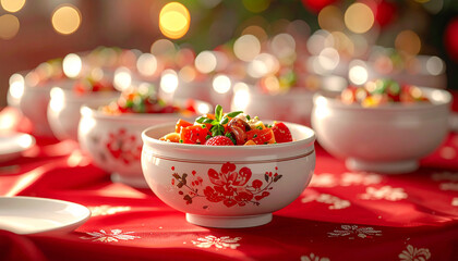 Festive Table: A vibrant array of colorful dishes, filled with delectable food, adorns a festive table, setting the scene for a joyous occasion and celebrating life.