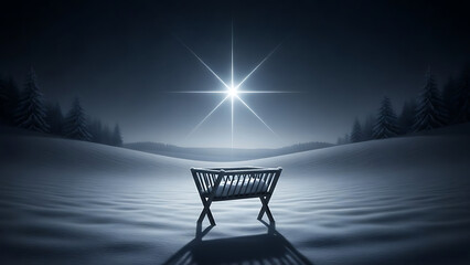 Lonely bench under starry night sky in snowy landscape