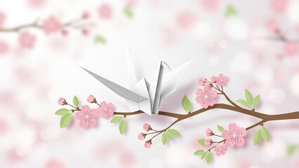 折り鶴が桜の枝に静かに止まる優しいイラスト